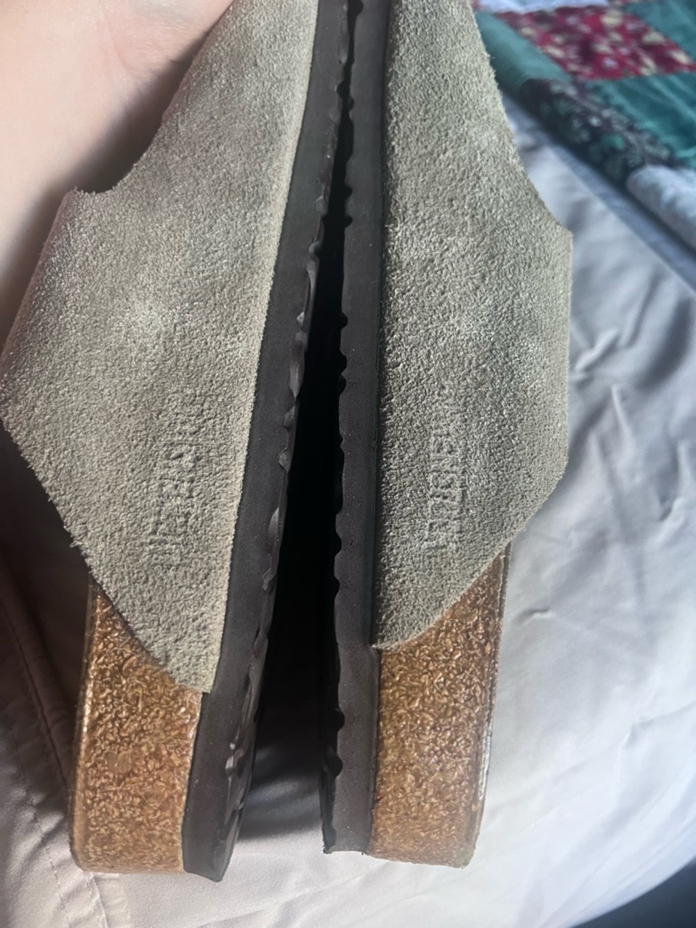 MAKE AN OFFER BIRKENSTOCK Arizona Taupe Suede Double-Buckle Slide Cork Sandals - Picture 9 of 11